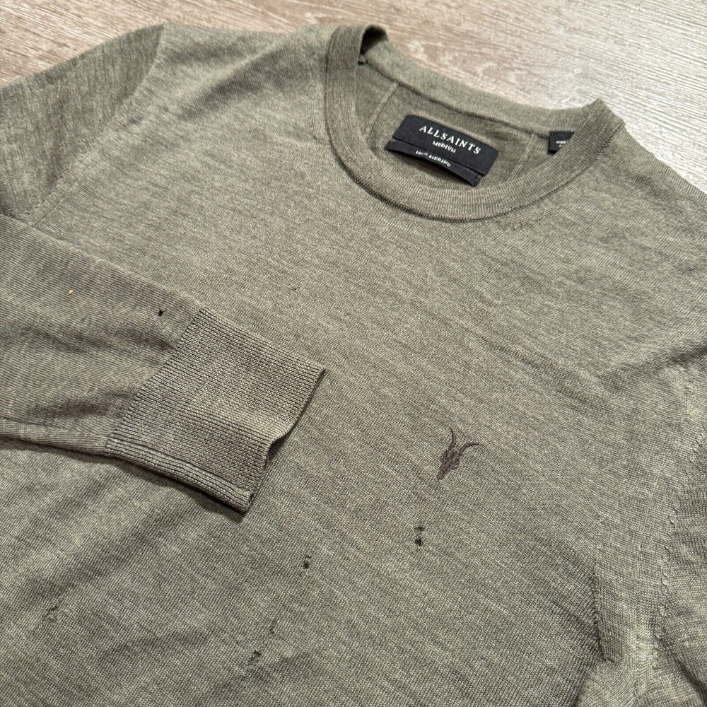 Allsaints Sweater Mens Medium Green Logo 100% Merino‎ Wool Casual Lounge Adult